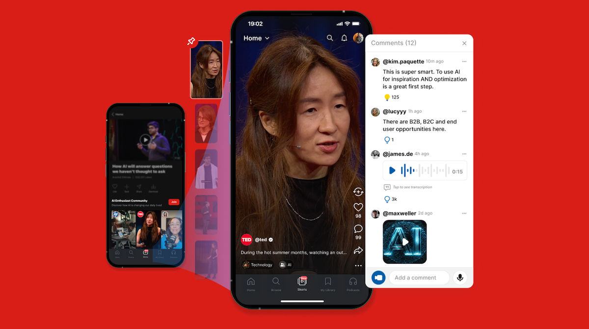TED Shorts vertical feed shown in the iOS app, with the Shorts tab active in the navigation bar and a comments panel open